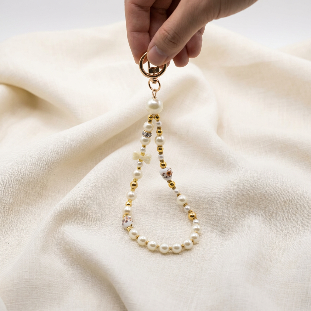 Mano che tiene un portachiavi con perle e charm dorati